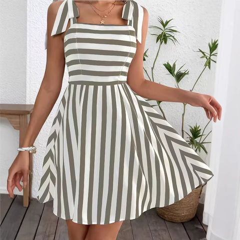 Striped Shoulder-Tie Camisole Dress