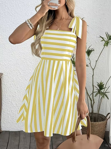 Striped Shoulder-Tie Camisole Dress